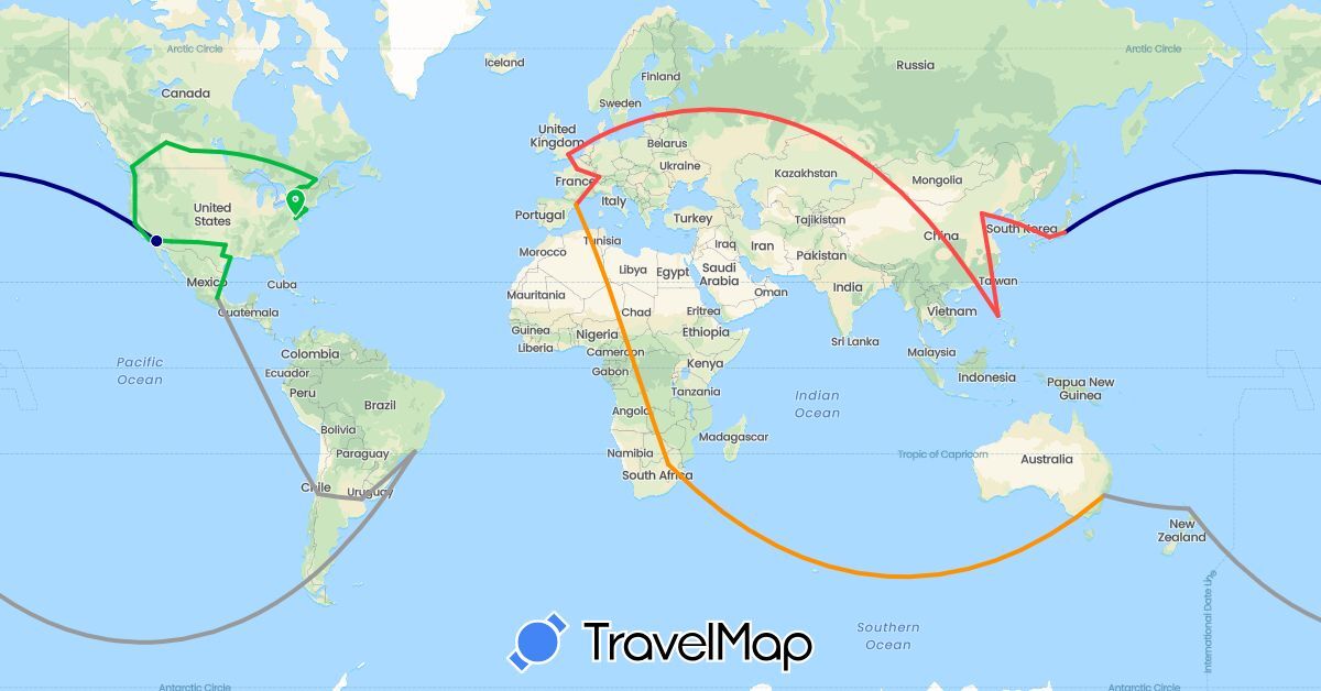 TravelMap itinerary: driving, bus, plane, hiking, hitchhiking in Argentina, Australia, Brazil, Canada, Switzerland, Chile, China, Spain, France, United Kingdom, Japan, South Korea, Mexico, New Zealand, Philippines, United States, South Africa (Africa, Asia, Europe, North America, Oceania, South America)